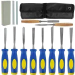 13 PCS Wood Chisel Set Carbon Steel Blades Rubber Handles Including Rasps Sharpening Stones and Canvas Bag for Woodworking Carving