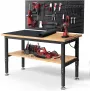 ENJOYWOOD WB0102-Plus 60 Inch Workbench with Pegboard & Rubber Pad / Adjustable Height / 2000 LBS Load Capacity / Power Outlet for Woodworking Garage Workshop Office Shop