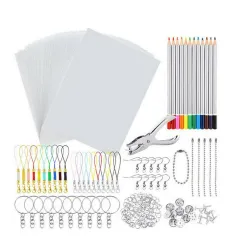 198Pcs/145Pcs/33Pcs DIY Kit Lembaran Plastik Susut Panas Kertas Seni Menyusut Pelubang Gantungan Kunci Pensil