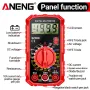 Multimetro digitale portatile ANENG SZ308, amperometro con resistenza di corrente e tensione AC/DC con uscita a diodo, misurazione del transistor HFE e indicazione di batteria scarica.