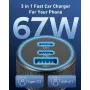 3-Port USB C Car Charger Adapter 67W Car Charger Dual USB-C & USB-A Car Power Adapter PD/QC Fast Charging for iOS and Android Devices