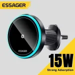 ESSAGER Magnetiese Draadlose Laaier Motorhouer RGB Kleur Beligting 360 ° Vrye Rotasie 15W Vinnige Laai Geskik vir Dashboard Air Outlets 4.5-7 duim mobiele toestelle