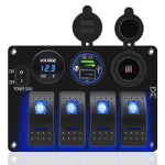 4 Gang Marine Boat Rocker Switch Panel Waterproof Toggle Switch with Power Save for Truck RV Voltmeter PD Type C + QC 3.0 USB Charger Port DC 12 Volt Power Outlet Socket