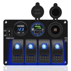 4 Gang Marine Boat Rocker Switch Panel Waterproof Toggle Switch with Power Save for Truck RV Voltmeter PD Type C + QC 3.0 USB Charger Port DC 12 Volt Power Outlet Socket