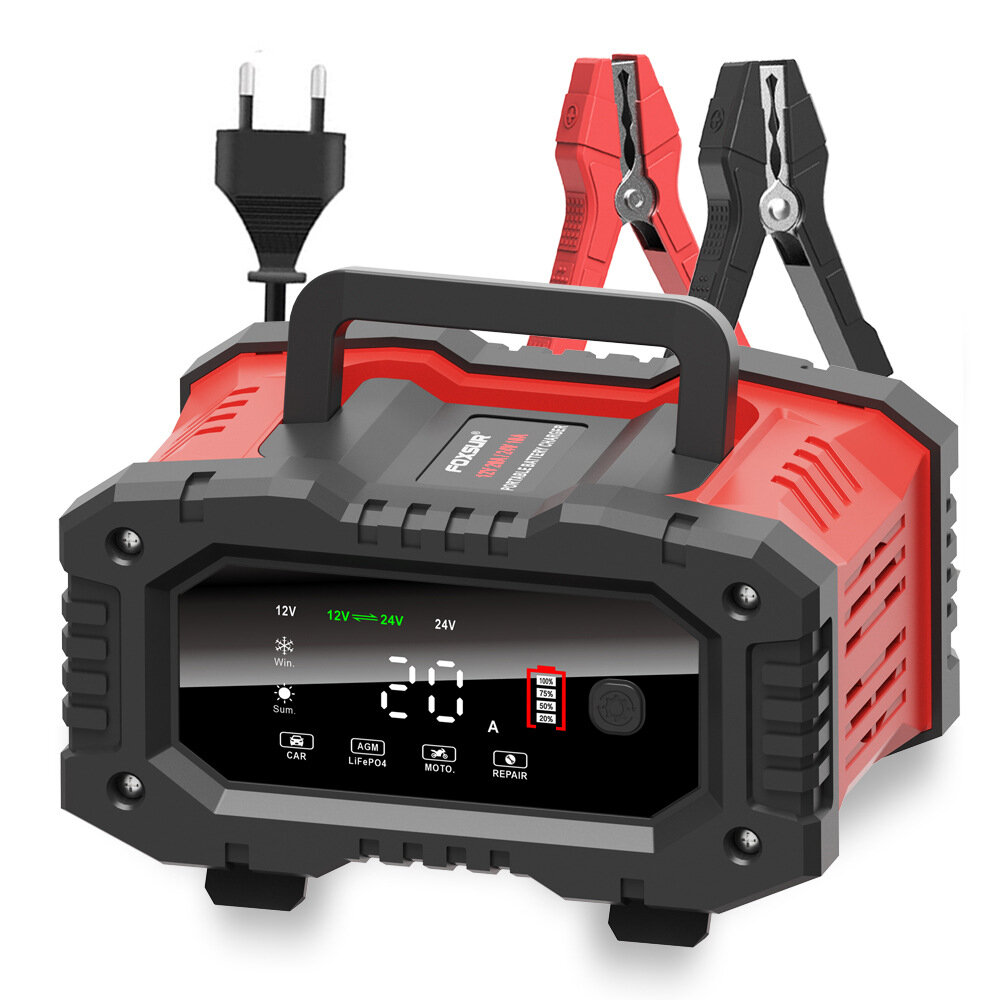 FOXSUR 300W 12V 24V High-Power Portable 20A Car Battery Charger for Calcium, Gel AGM, Wet,LiFePO4, lead Acid Batteries