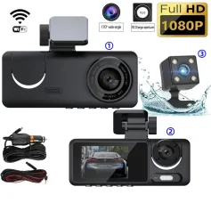 Câmera de painel com gravador de direção automotiva de 3 lentes, 1080p HD, visão noturna, 2,0 polegadas, câmera oculta para carro com três gravações e cartão de memória de 64 GB