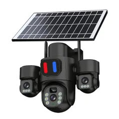 Three Lens 6MP HD Solar Powered Security Camera 5X Zoom PTZ Color Night Vision Red Blue Alarm Wireless WiFi Outdoor AI Human Detection Weatherproof Camera