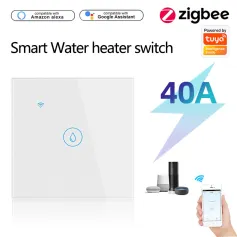 Interruptor de aquecedor de água inteligente Tuya Zigbe 40A com plugue UE, controle remoto por aplicativo, temporizador de voz, painel de vidro à prova de umidade, indução, luz de fundo sensível ao toque, suporte para aquecedor de água Alexa Google