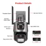 Câmera externa de lente dupla 3MP+3MP com Wi-Fi, tela dupla, rastreamento automático por IA, PTZ, infravermelho, visão noturna colorida, ONVIF, câmera de vigilância de áudio bidirecional iCSee