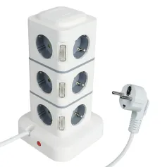2500W Tower 12-way Outlets EU Socket with 4 USB Multi Power Strip with 2.8M Extension Cord Built-in LED Light Switch Overload Protector 250V 10A