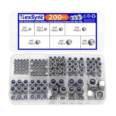 200pcs DIN985 Hex Nylon Insert Self Lock Nut Nylock Locknut Assortment Kit Set M2 M2.5 M3 M4 M5 M6 M8 304 A2-70 Stainless Steel