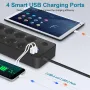 2200W 12-in-1 Multitap Power Strip Socket with 8 AC EU Outlets+3 USB-A+1 USB-C Output Socket with 1.8M AC110-250V Extension Cord Home Office Surge Protector