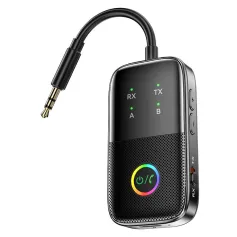 Adattatore Bluetooth HiFi wireless A5 Pro, trasmettitore e ricevitore di luce RGB, lettore musicale AUX da 3,5 mm, supporta CVC 8.0, cancellazione intelligente del rumore, plug and play per auto, laptop, radio e TV.