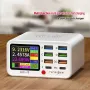 TENSAJ Shanba No.1 65W 8-Port USB Wireless Charger Station with LCD Digital Display 6USB-A+2USB-C PD QC3.0 FCP SCP AFC Fast Charging Desktop Charging Station EU Plug for iPhone 16 16 Pro 15 14 13 Pro Max for Huawei Pura X for Xiaomi 15pro