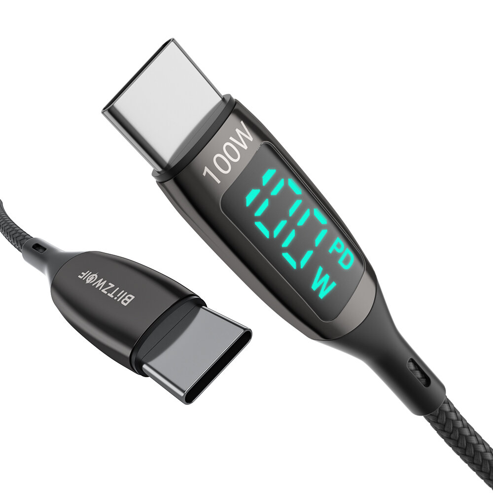 [2 Packs] BlitzWolf® BW-TC23 100W 5A LED Display Type-C to Type-C Cable PD3.0 PPS QC4.0+ QC3.0 Fast Charging Data Transfer Cord Line 3ft Long For Samsung Galaxy S22 Note 20 For iPad Pro 2021 MacBook Air