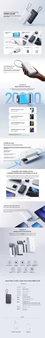 Xiaomi PB2020MI 22.5W 74Wh 20000mAh Power Bank External Battery Power Supply with 2 Inputs & 3 Outputs Fast Charging for iPhone 16 15 Pro 14 13 12 Pro Max for Samsung Galaxy S25 Ultra for Xiaomi 15 Ultra