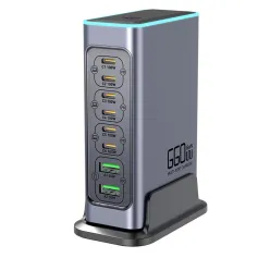[GaN Tech] Bakeey WLX-F8L 660W 8-Port USB PD Charger 2USB-A+6USB-C PD QC3.0 FCP AFC Fast Charging with RGB Light Desktop Charging Station EU Plug US Plug for iPhone 16 16 Pro 15 14 13 Pro Max for Huawei Pura X for Xiaomi 15pro
