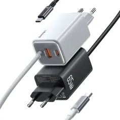 [GaN Tech] Cargador USB USAMS CC266 de 65 W y 3 puertos con cable de carga tipo C integrado de 1,5 m, adaptador de pared de carga rápida, enchufe europeo para iPhone 16, 16 Pro, 15, 14, 13 Pro Max, Samsung Galaxy Z Flip6 y Xiaomi 15Pro