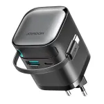 [GaN Tech] JOYROOM JR-TCL02 65W 2-Port USB Charger with Integrated Retractable USB-C Cable Fast Charging Wall Charger Adapter EU Plug for iPhone 16 16 Pro 15 14 13 Pro Max for Huawei Pura 80 Ultra for SAMSUNG for XIAOMI
