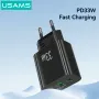 USAMS CC317 T65 33W 2-Port USB PD Charger USB-A+USB-C PD Fast Charging Wall Charger Adapter EU Plug for iPhone 16 16 Pro 15 14 13 Pro Max for Huawei Pura X for Xiaomi 15pro for Samsung Galaxy S25 Ultra