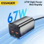 [GaN Tech] Carregador USB PD ESSAGER ES-CD35 de 67 W com 4 portas 2USB-A+2USB-C PD3.0 QC4.0 AFC FCP SCP PPS BC1.2 DCP Apple2.4A Adaptador de carregador de parede de carregamento rápido com plugue UE e plugue EUA com cabo de alimentação C8 de 1 m