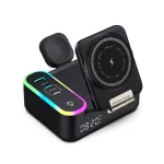 CYJ-12 15W RGB Wireless Charger Station with Retractable Cable Digital Clock Built-in USB-A+2USB-C PD QC3.0 Fast Charging Foldable Stand for Smart Phones for iPhone 16 16 Pro 15 14 13 Pro Max for Huawei Pura 80 Ultra for SAMSUNG for OPPO