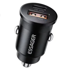 ESSAGER ES-CC15 45W 2-Port USB PD Car Charger Adapter USB-A+USB-C PD3.0 QC3.0 Support AFC FCP iP2.4A Fast Charging for iPhone 16 16 Pro 15 14 13 Pro Max for Huawei Pura X for Xiaomi 15pro for Samsung Galaxy S25 Ultra