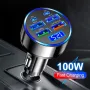 100W 6-Port USB PD Car Charger Adapter 4USB-A+2USB-C PD QC3.0 Support FCP VOOC Fast Charging with Blue LED Display for iPhone 16 15 14 13 Pro for Huawei Nova Flip for Samsung Galaxy Z Flip6 for Xiaomi Civi 4 Pro
