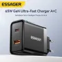 Carregador USB PD ESSAGER ES-CD43 de 65 W com 2 portas USB-A+USB-C QC4.0/3.0/2.0 PD3.0/2.0 FCP SCP DCP PPS Adaptador de carregador de parede de carregamento rápido Apple 2.4A Plugue UE Plugue EUA para iPhone 16 15 14 13 Pro para Huawei Mate XT para Xiaomi