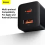 Baseus 30W 2-portowa ładowarka USB PD USB-A + USB-C PD3.0 QC3.0 Apple2.4 BC1.2 Szybka ładowarka ścienna Adapter wtyczki UE do iPhone'a 15 14 13 do Huawei Mate60 Pro do Samsunga Galaxy S24 do Xiaomi 14pro