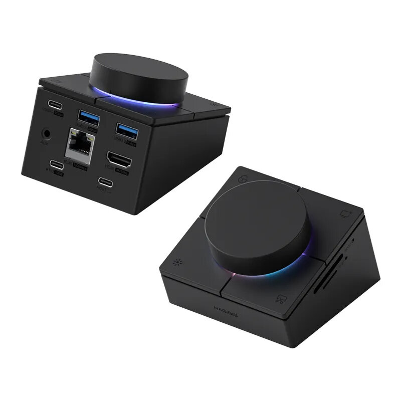 Hagibis Knob USB-C Hub with Shortcut Buttons Type-C RGB Docking Station with 5Gbps USB3.0*2 / 5Gbps USB-C / PD100W USB-C / HOST / 4K@60Hz HD / 1000M RJ45 / SD3.0/TF3.0 Volume Adjustment Desktop Controller for Macbook Win Laptop