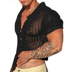 INCERUN Mens Shirts Solid Color Hollow Out Lapel Top Shirts Summer Cool Party Top Fashion Male Clothing