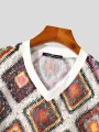 INCERUN Men Tank Top Fashion Color Block Print Sleeveless Top V-neck Summer Casual Mesh Lace Men Streetwear Clothing