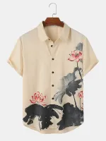 ChArmkpR Mens Lotus Ink Painting Print Button Up Short Sleeve Shirts