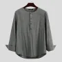 Mens Linen Chest Pocket Causal Loose Long Sleeve Henley Shirt
