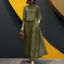 ZANZEA Women Two-piece Outfits 3/4 Sleeve O-Neck Top Elastic Waist Pleated Wide Leg Pants Sets