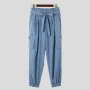 INCERUN Men Pants Tie Design Solid Color Casual Elastic Trousers Comfy Daily Solid Color Pants with Side Pockets