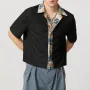 INCERUN Mens Textured Patchwork Cropped Short Sleeve Shirt Comfortable Fashion Solid Printed Edge Lapel Top