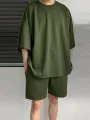 Mens Solid Drop Shoulder Casual Two Piece Outfits