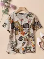 ZANZEA Plus Size Women's Shirt Cotton Linen Printed Casual Short Sleeve O Neck Loose Blouse Summer Daily Top for Women