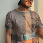 INCERUN Mens Tshirt Fashion Shiny Mesh Patchwork See Through Fishnet Short Sleeve T-Shirt Summer Cool Short Top
