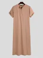 Men Solid Front Zipper Round Neck Short Sleeve Casual Robe Shirts