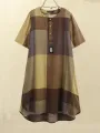 Women Vintage Plaid Print Button Front O-Neck Short Sleeve Loose Casual Shirt Dress With Pocket