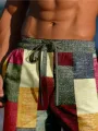 Mens Color Block Patchwork Drawstring Waist Straight Pants