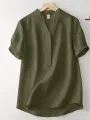 Cotton Solid Button Short Sleeve V Neck Casual Blouse