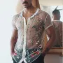 INCERUN Men Lace Shirts Fashion Printed Shirts Men Short Sleeve V Neck Blouse Leisure Embroidered Button Man See Through Chemise 5XL