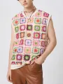 INCERUN Men Tank Top Fashion Color Block Print Sleeveless Top V-neck Summer Casual Mesh Lace Men Streetwear Clothing