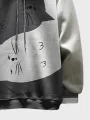 Mens Cartoon Cat Print Patchwork Loose Drawstring Hoodies