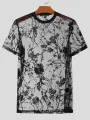 INCERUN Men T-shirts Fashion See-through Embroidered Flowers Mesh T-shirt Summer Mens Top Short Sleeve Streetwear Men Clothing