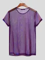 Men Shiny Shimmer Sheer Mesh See Through Short Sleeve T-Shirt